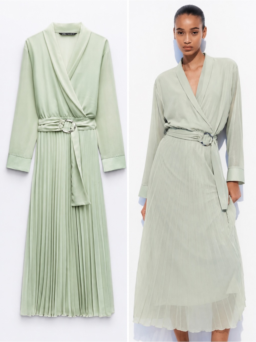 Zara Sage Green Shimmer Pleated Wrap Midi Dress Belted Long Sleeve Size L
